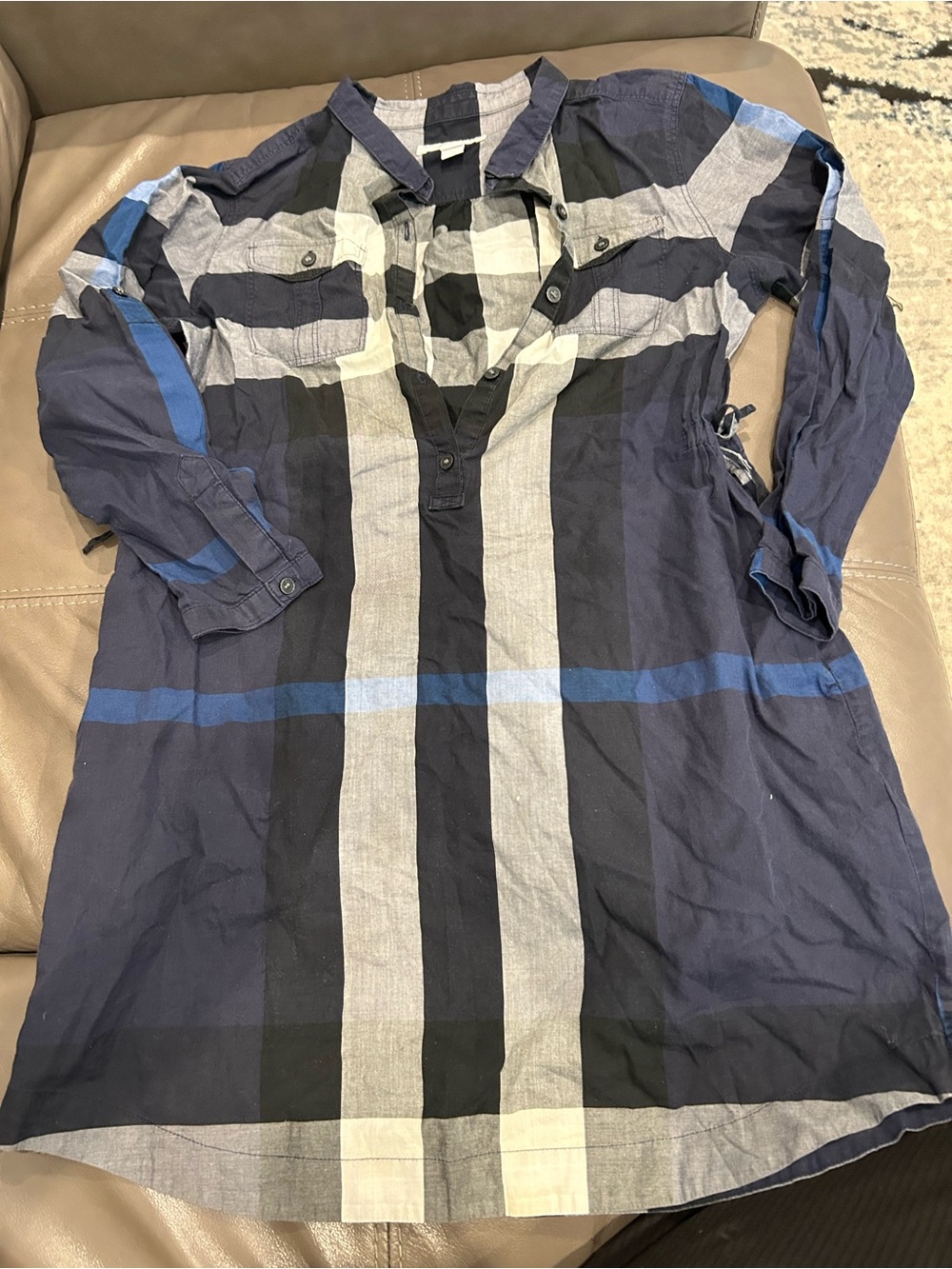 Burberry Navy, Black & Light Gray Striped Button-Neck Top